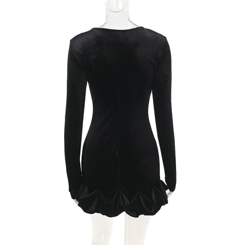 Long sleeve crewneck velvet ruffle mini dress