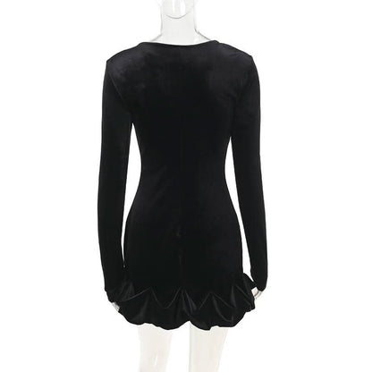 Long sleeve crewneck velvet ruffle mini dress