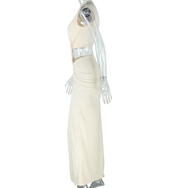 Irregular ruched slit hollow out v neck cut out maxi dress