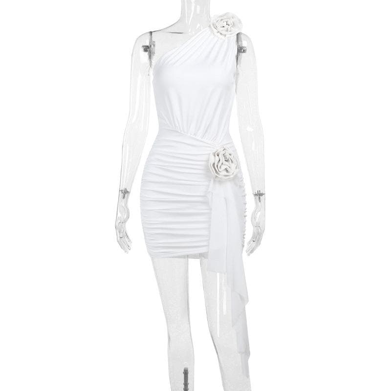 One shoulder flower applique ruched mini dress
