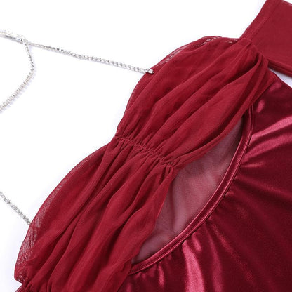 Mesh gloves solid halter ruched hollow out off shoulder cut out mini dress