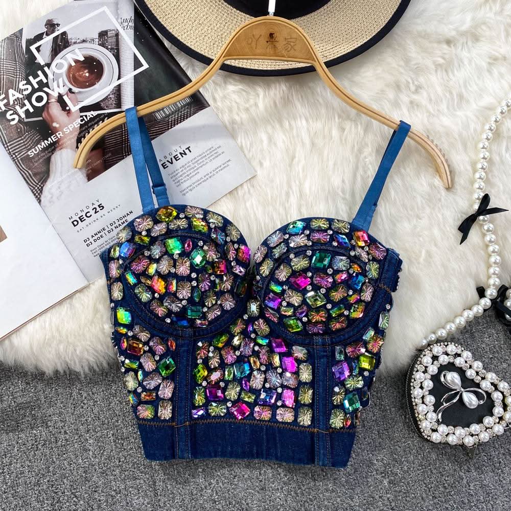 Sweetheart neck padded denim beaded cami top