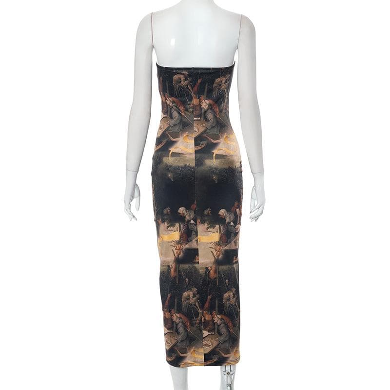Print backless contrast tube midi dress