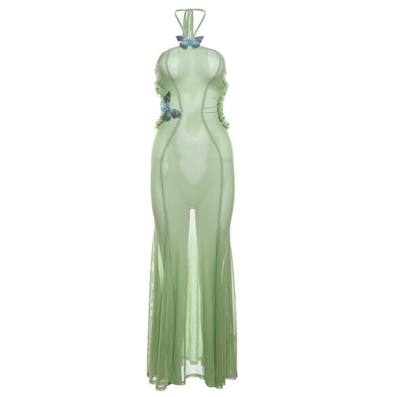 Halter sheer mesh butterfly applique backless maxi dress-final-sale
