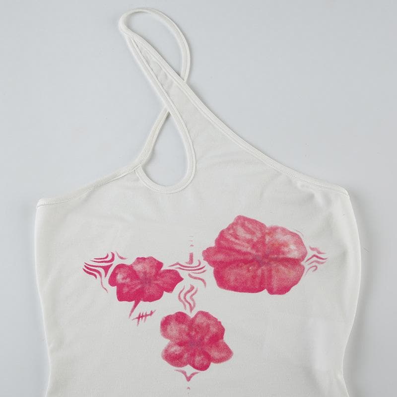 Halter hollow out flower print backless cut out top