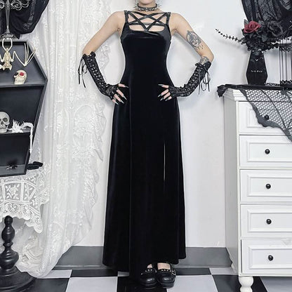 Velvet high slit pentacle pattern buckle cami maxi dress