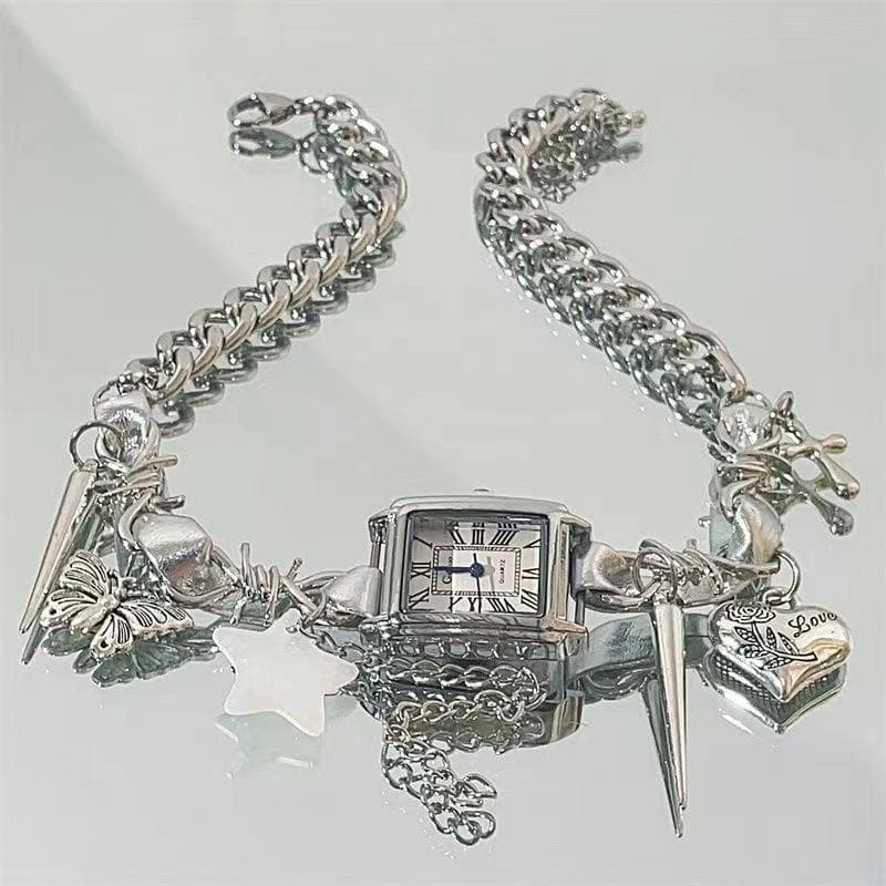 Clock star heart butterfly rivet choker necklace