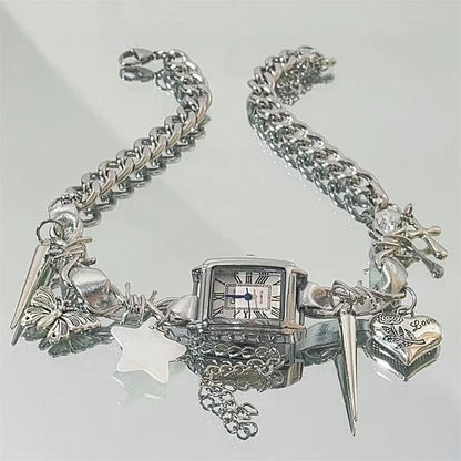 Clock star heart butterfly rivet choker necklace