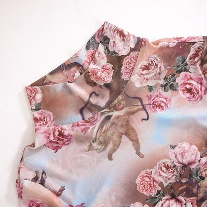 Cherub Floral Print Mock Neck Long Sleeve Lettuce Hem Mini Dress