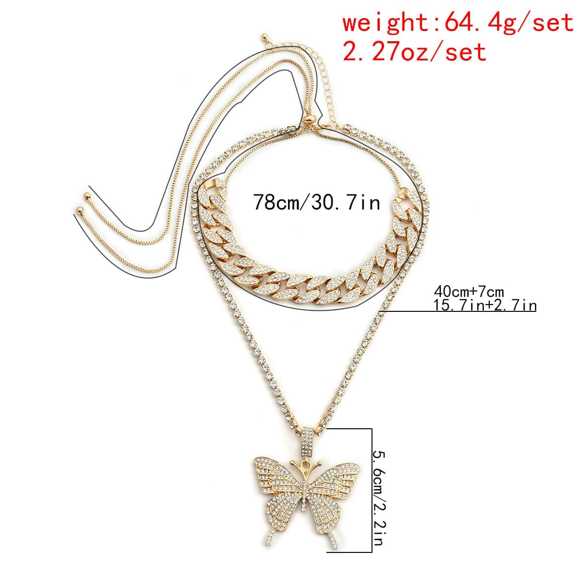 Butterfly pendant rhinestone cuban 2pcs necklace