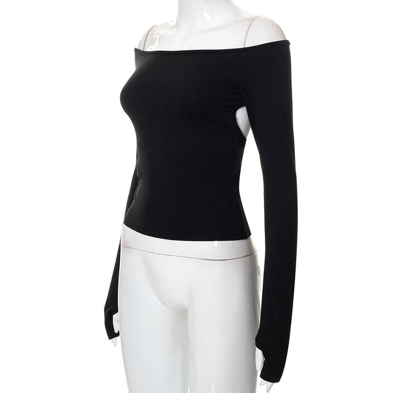 Gloves solid off shoulder hollow out long sleeve cut out top