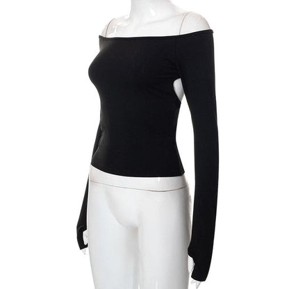 Gloves solid off shoulder hollow out long sleeve cut out top