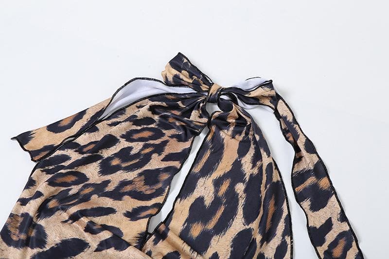 Leopard print halter ruched backless maxi skirt set-final-sale