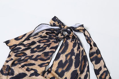 Leopard print halter ruched backless maxi skirt set-final-sale