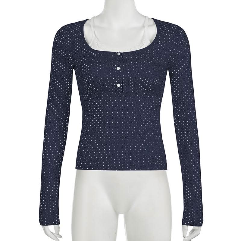 Polka dot long sleeve button lace hem patchwork top