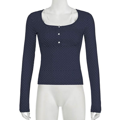 Polka dot long sleeve button lace hem patchwork top
