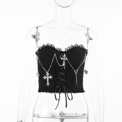 Metal chain lace up sweetheart neck tube top