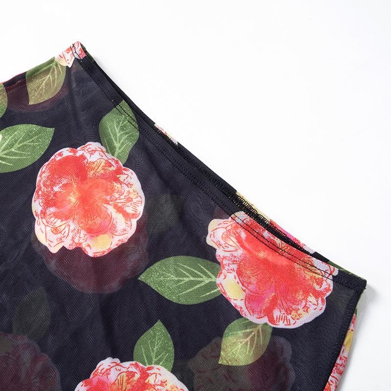 Sheer mesh flower print contrast maxi skirt