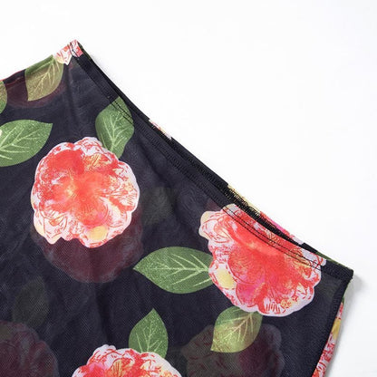 Sheer mesh flower print contrast maxi skirt
