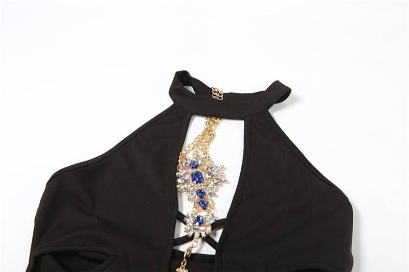 Halter hollow out metal chain gemstone pendant cut out mini dress