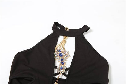 Halter hollow out metal chain gemstone pendant cut out mini dress