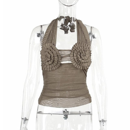 Halter pleated hollow out ruched mesh backless cut out top