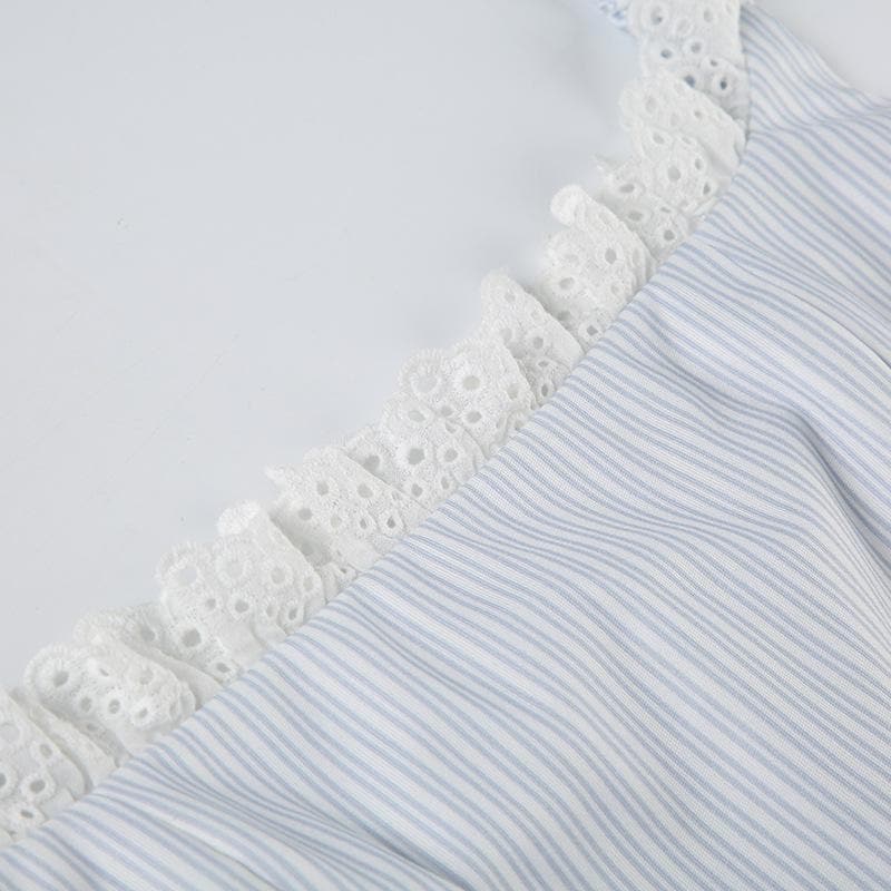 Striped print lace hem zip-up bowknot cami top