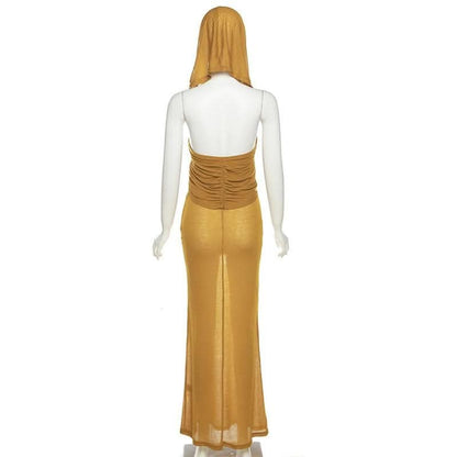 Hoodie solid cross front ruched backless sleeveless maxi dress-final-sale