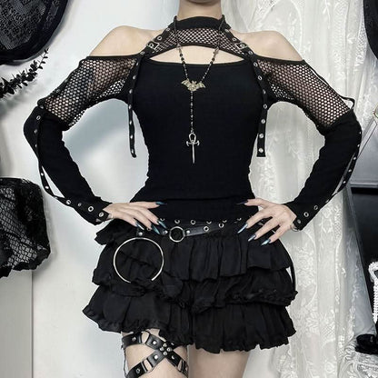 Off shoulder long sleeve fishnet patchwork buckle top