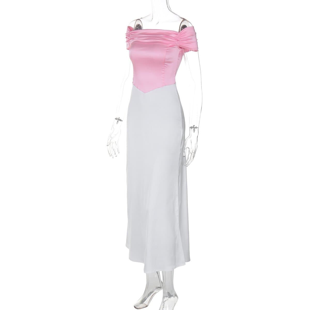 Short sleeve off shoulder ruched satin lace up midi dress