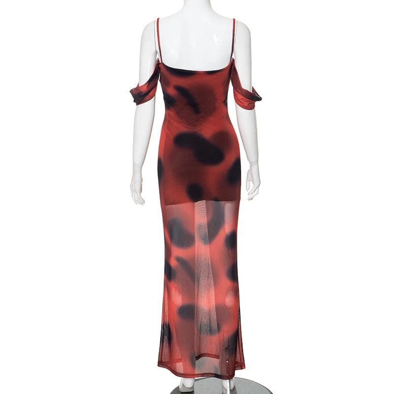 Off Shoulder Spaghetti Strap Blurred Dot Print Sheer Mesh Maxi Dress
