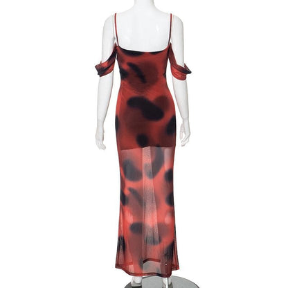 Off Shoulder Spaghetti Strap Blurred Dot Print Sheer Mesh Maxi Dress