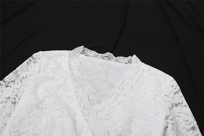 Long flared sleeve v neck lace self tie mini dress