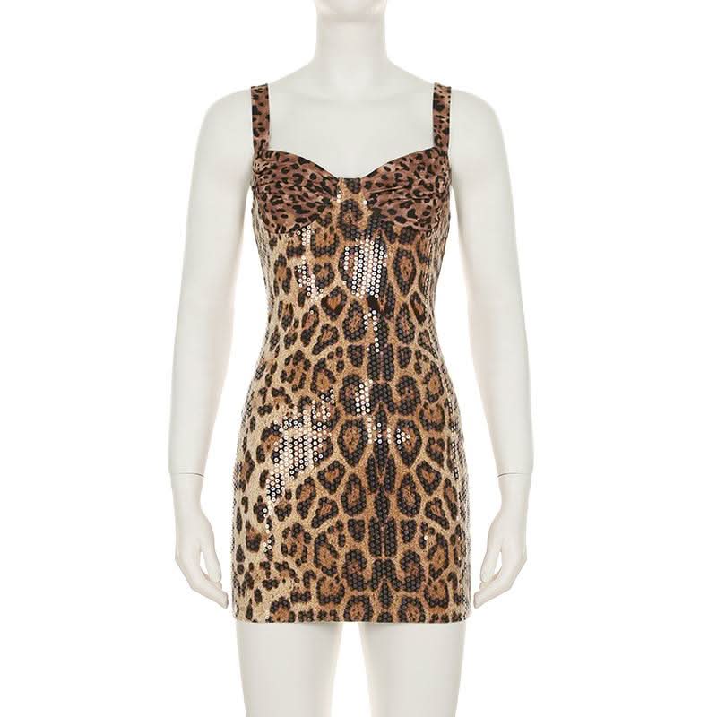 Glitter v neck leopard print backless tank mini dress