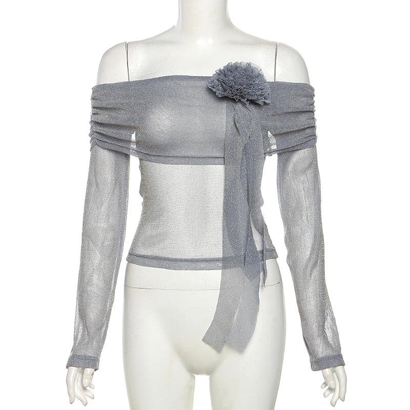 Long sleeve off shoulder flower applique glitter top