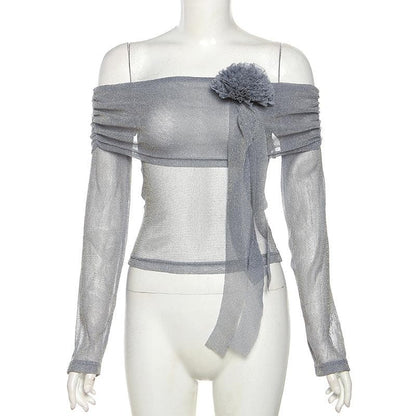 Long sleeve off shoulder flower applique glitter top