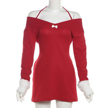 Halter long sleeve off shoulder fluffy mini dress
