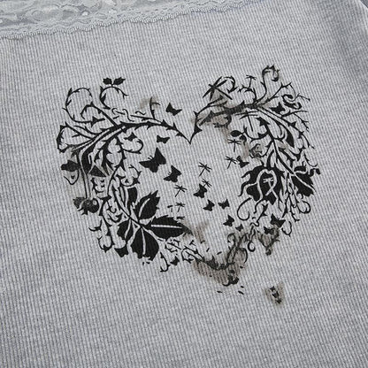 Long sleeve off shoulder ribbed heart pattern lace hem top