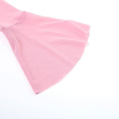 Bowknot long flared sleeve off shoulder mesh ruched top