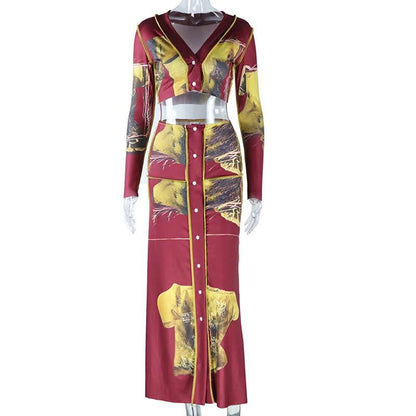 Long sleeve v neck button stitch print maxi skirt set