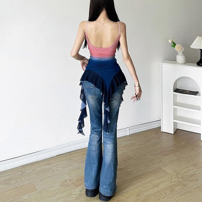 U neck sheer mesh gradient irregular ruffle cami top