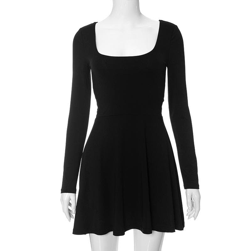 Square Neck Long Sleeve Lace Up Flared Skater Mini Dress