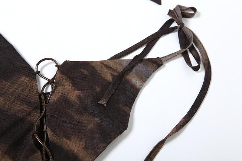 Glove tie dye sheer mesh patchwork ruffle top