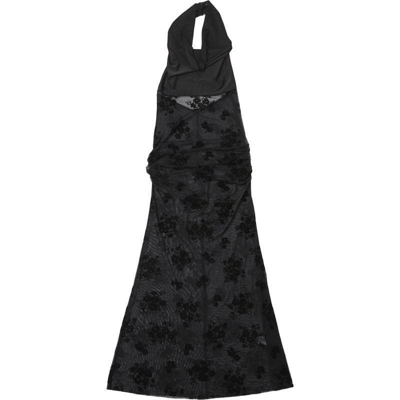 Cowl neck halter flower pattern mesh maxi dress