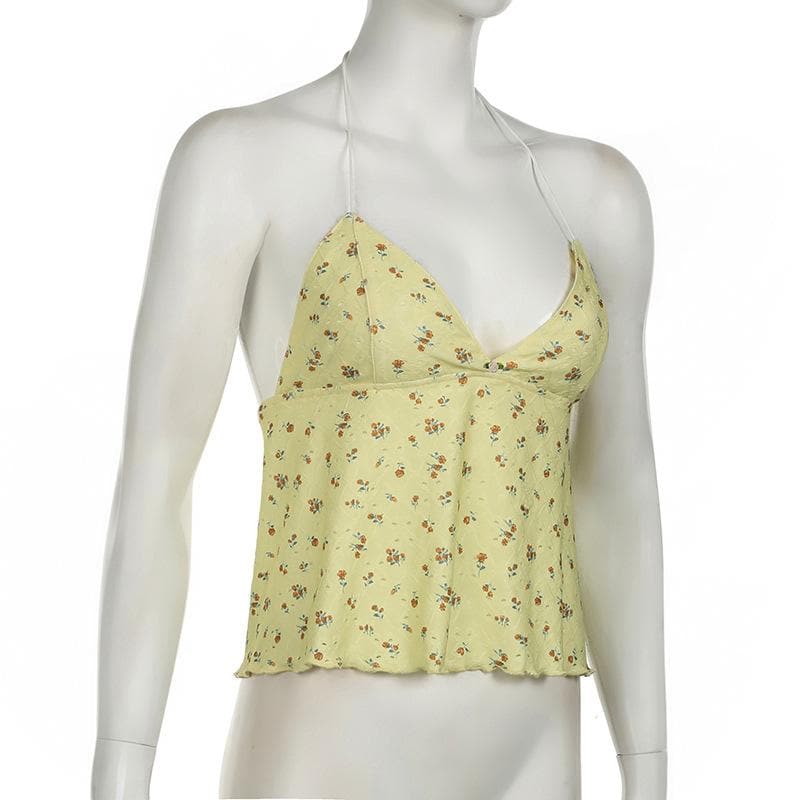Halter v neck flower print backless textured top