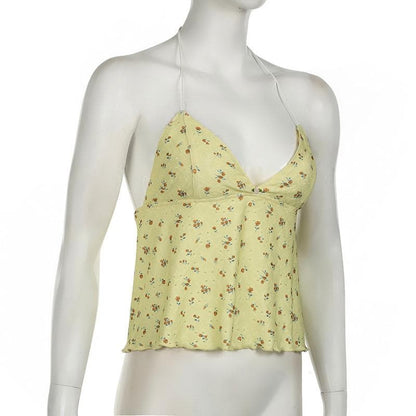 Halter v neck flower print backless textured top