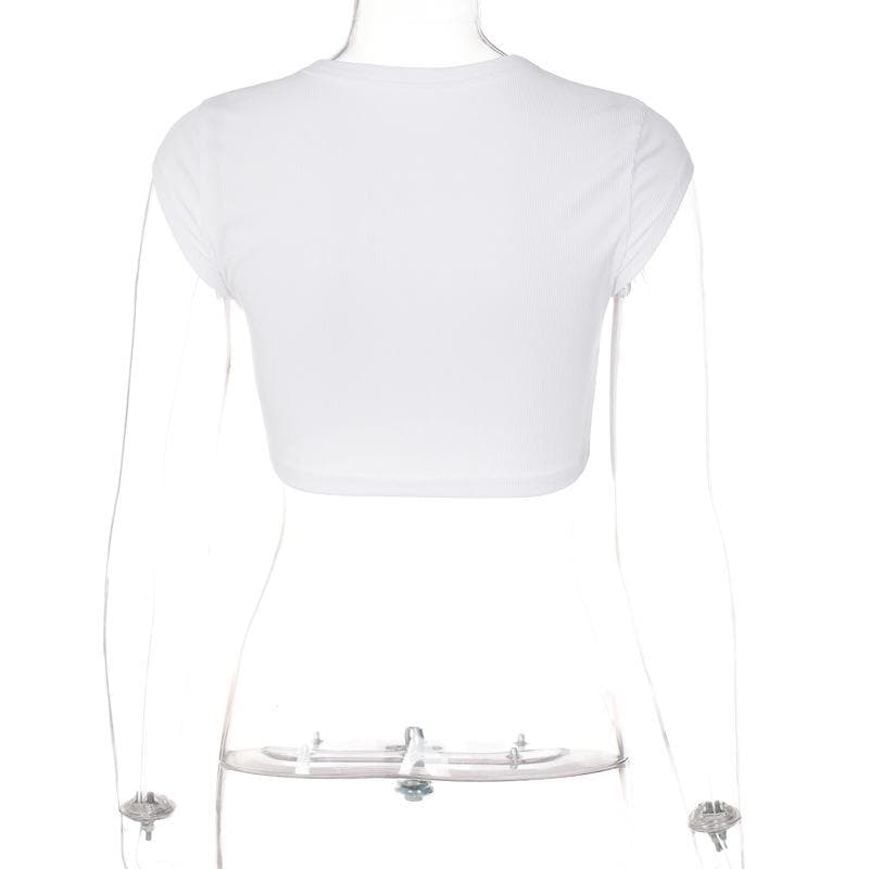 “SPOILED” embroidery contrast crewneck cap sleeve crop top