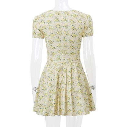 Short puff sleeve print pleated v neck mini dress