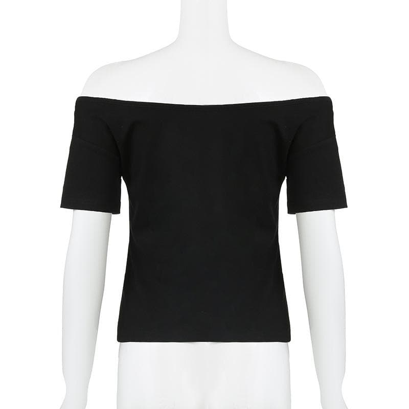 Short sleeve letter print off shoulder contrast top