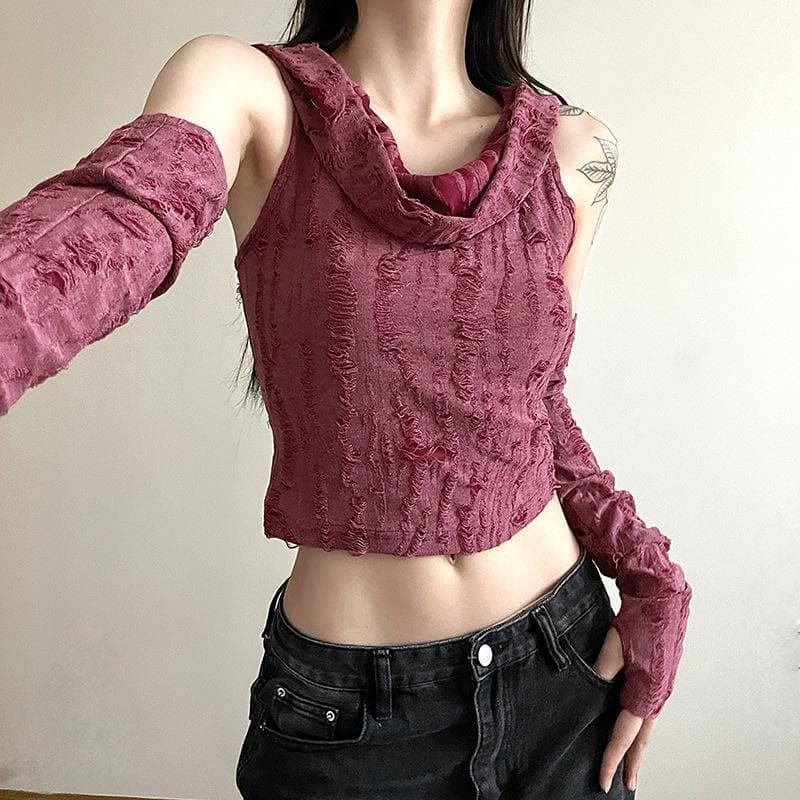 Textured off shoulder hoodie gloves cowl neck crop top